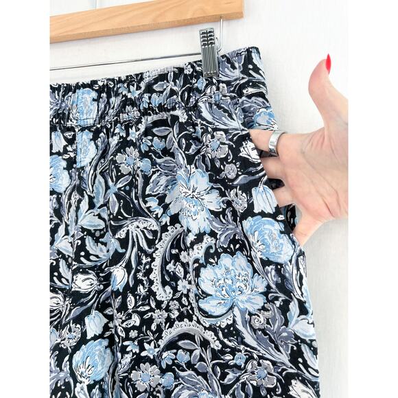 Tahari Linen Wide Leg Pants Large Blue Black Paisley Print Pull On Ankle Crop - Picture 2 of 5